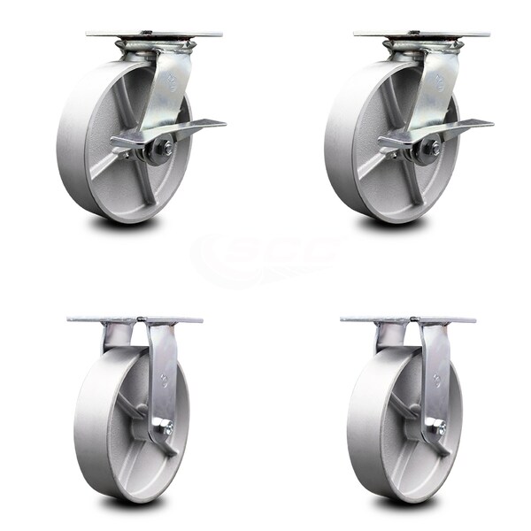 8 Inch Semi Steel Caster Set with Roller Bearing 2 Brakes and 2 Rigid SCC